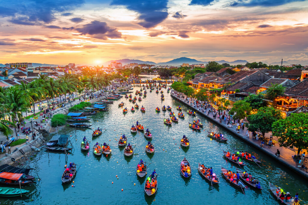 Aerial view of Hoi An ancient town at twilight, Vietnam.