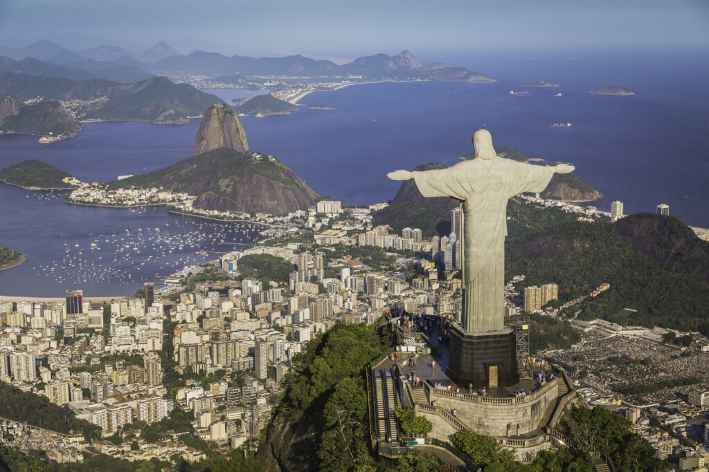 Aerial view of Christ and Botafogo Bay from high angle
